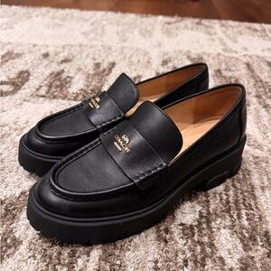 Coach Black Leather Loafers with Gold Logo